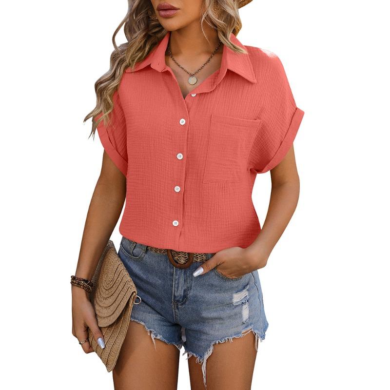 

Весна-лето женская свободная рубашка с короткими рукавами и карманами из помятой ткани для женщин S