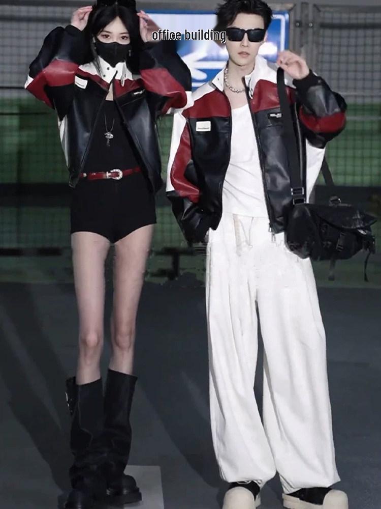 Stylish Men's Red Patchwork Leather Motorcycle Jacket - Spring/Autumn Retro Couples' Design