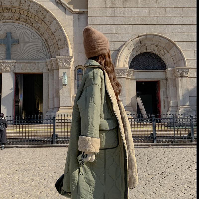 

Женское осенне-зимнее утолщенное большое хлопковое пальто средней длины из искусственной овечьей шерсти с внутренней подкладкой, хлопковое пальто XL зелёный