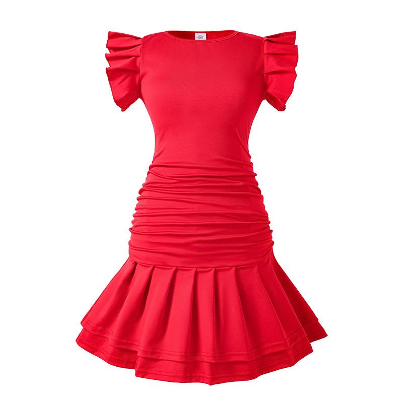 Girls' Princess Dress 2025 Summer Children's Fashion Short-sleeved Ruffled Bottom Wrap Fishtail Dress