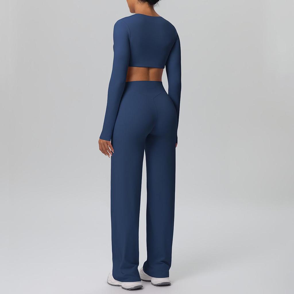 European Sportswear Yoga Set: Long Sleeve Top with Chest Pads and Breathable Straight-Leg Pants for Women