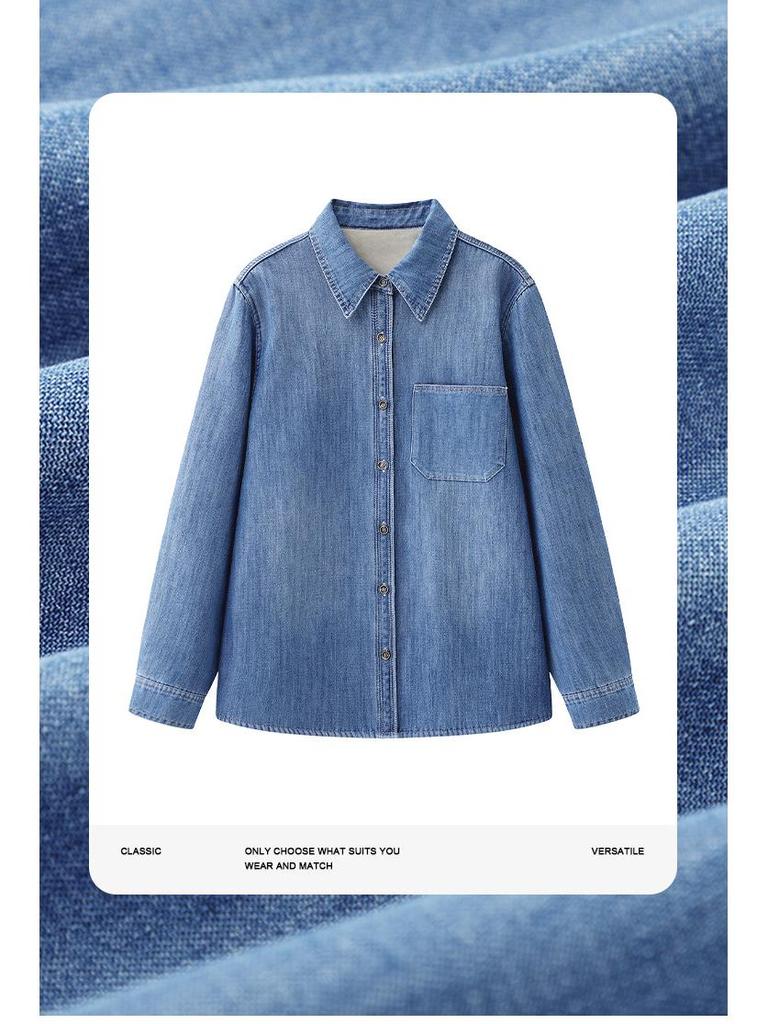 Spring 2026 New Arrival: Lazy Style Velvet-Lined Denim Lapel Shirt with Long Sleeves - Versatile and Casual.