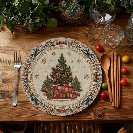 Non Slip Kitchen Decor Round Christmas Placemat, 14 Inch Festive Pattern Anti Tabletop Protector, Scald Table Cover Heat Insulation Place Mat