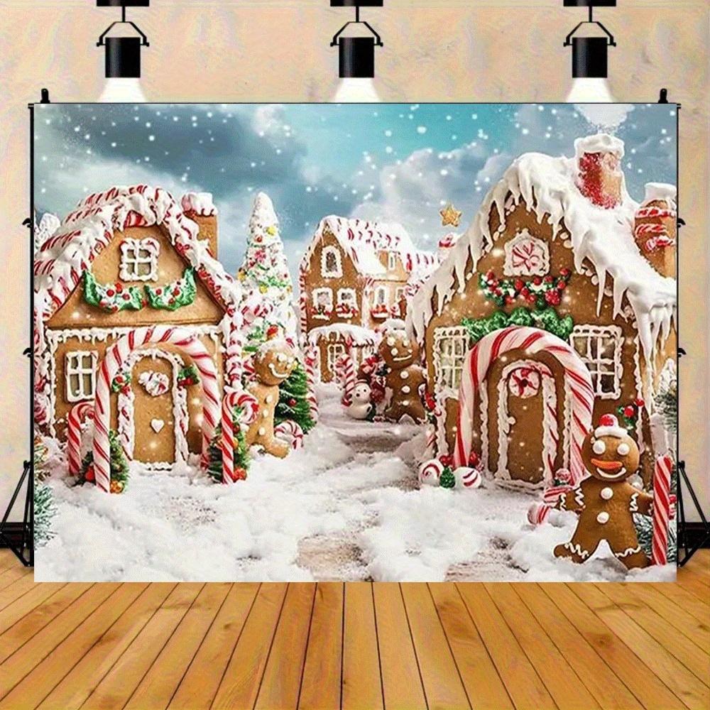 1pc Christmas Gingerbread Village Background - Winter Wonderland background and gingerbread House Candy Cane - Polyester