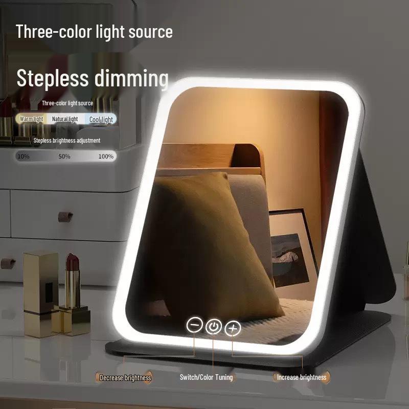 Folding LED Makeup Mirror with PU Leather Case - Portable for Dorm Use.