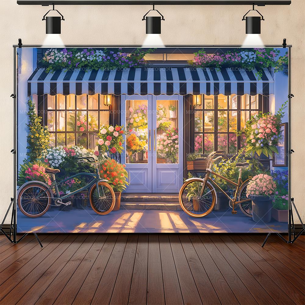Romantische Blumenladen-Straßenecke-Thema Hintergrund Geburtstagsfeier Dekoration Fotostudio Aufnahme Requisiten Sofa Nachttisch Hintergrund