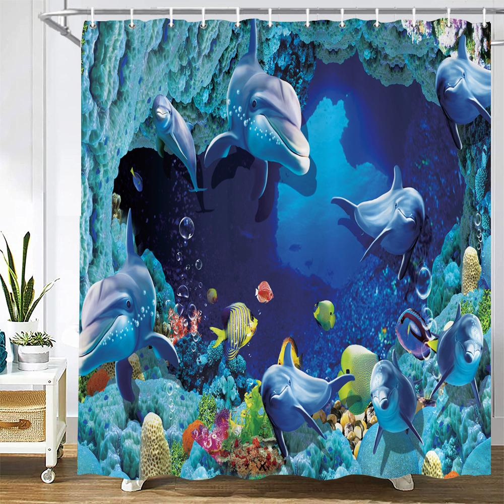 Lovely Dolphin Cartoons Shower Curtains Waterproof Bathroom Curtain 3D Marine Life With Hooks Large Size 240*180Cm Bath Screen