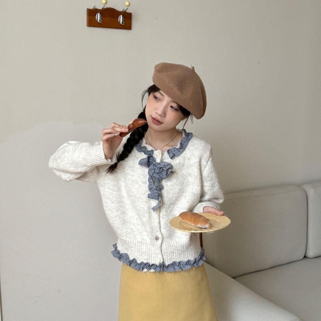 Koreański Szyk Kardiagn z Dzianiny z Falbankami i Kokardą - Damski Jesienny Wzór