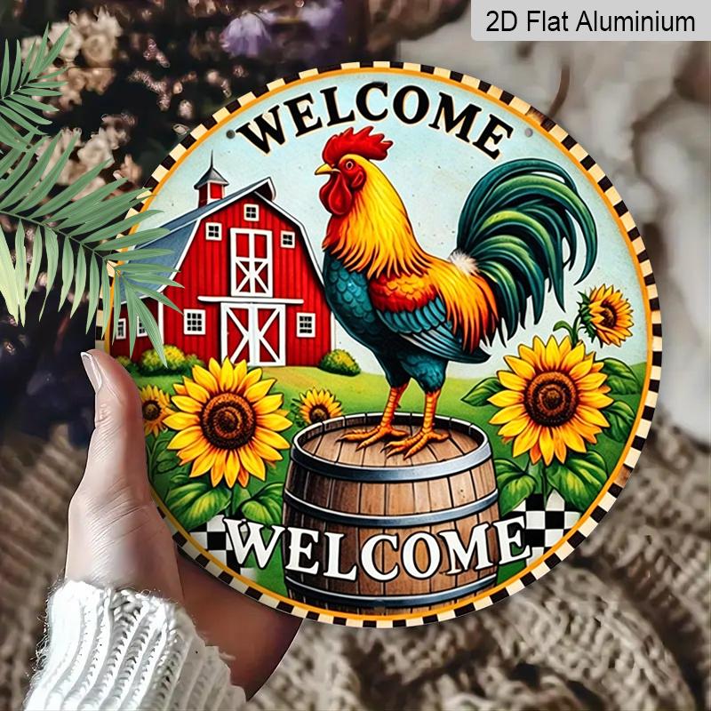 2D Flat, 1pc Round Aluminum Hanging Sign - "Welcome" Farm Rooster Metal Wall Art, Vintage Barn & Sunflower Design, Perfect for Farmhouse Decor, Front