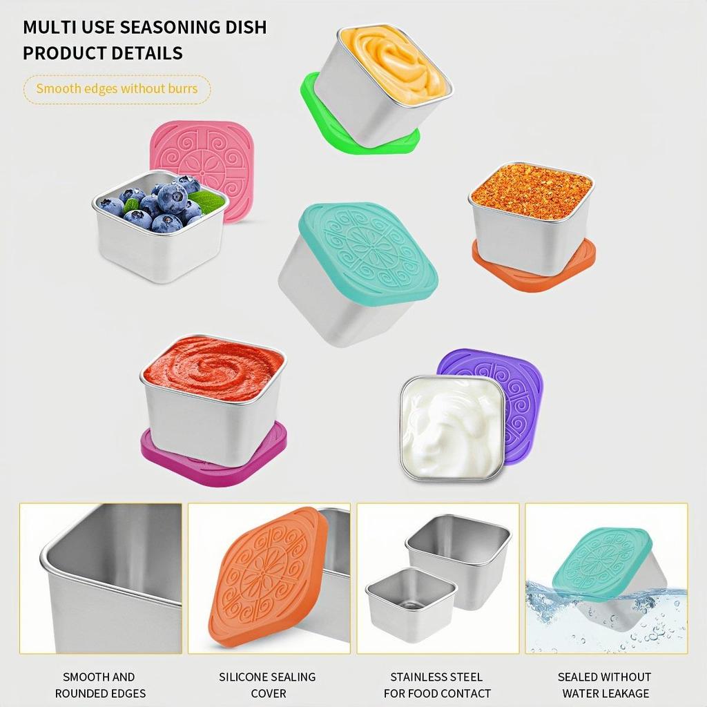 Stainless Steel Sauce & Salad Container with Silicone Lid, 60/180ml, Leakproof Square Design