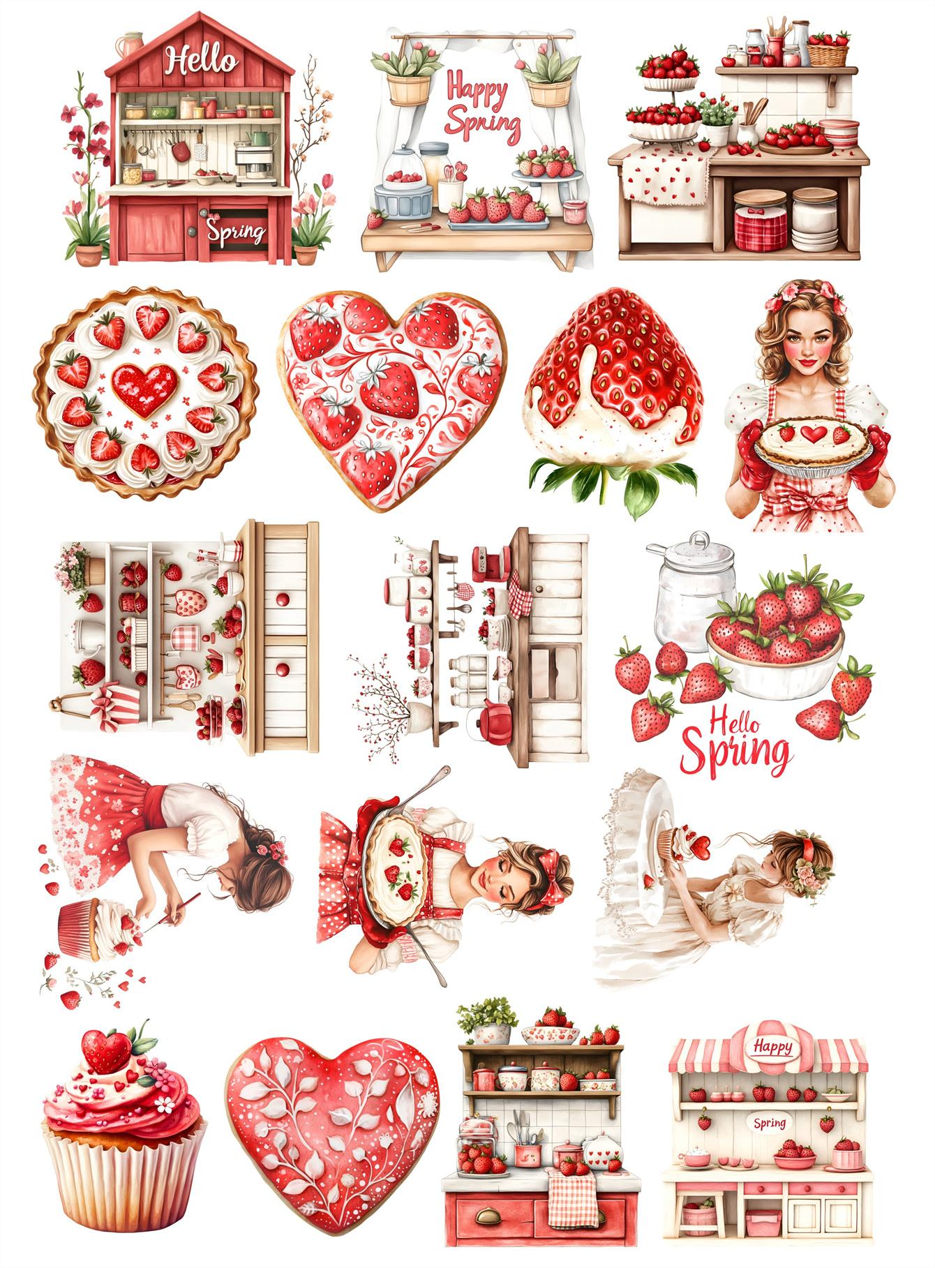 

1 Set DIY Scrapbooking Hand-painted Stickers Pink Girl Strawberry Cake Dessert Album Daily Happy Planner Label Watercolor білий