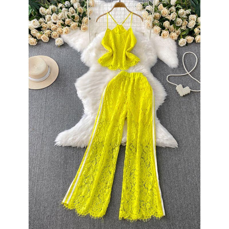 Pure Desire Style Sexy Lace Short Hanging Neck Sling + Contrast Color Stripe Gyaru High Waist Slimming Wide Leg Pants Two-piece Set