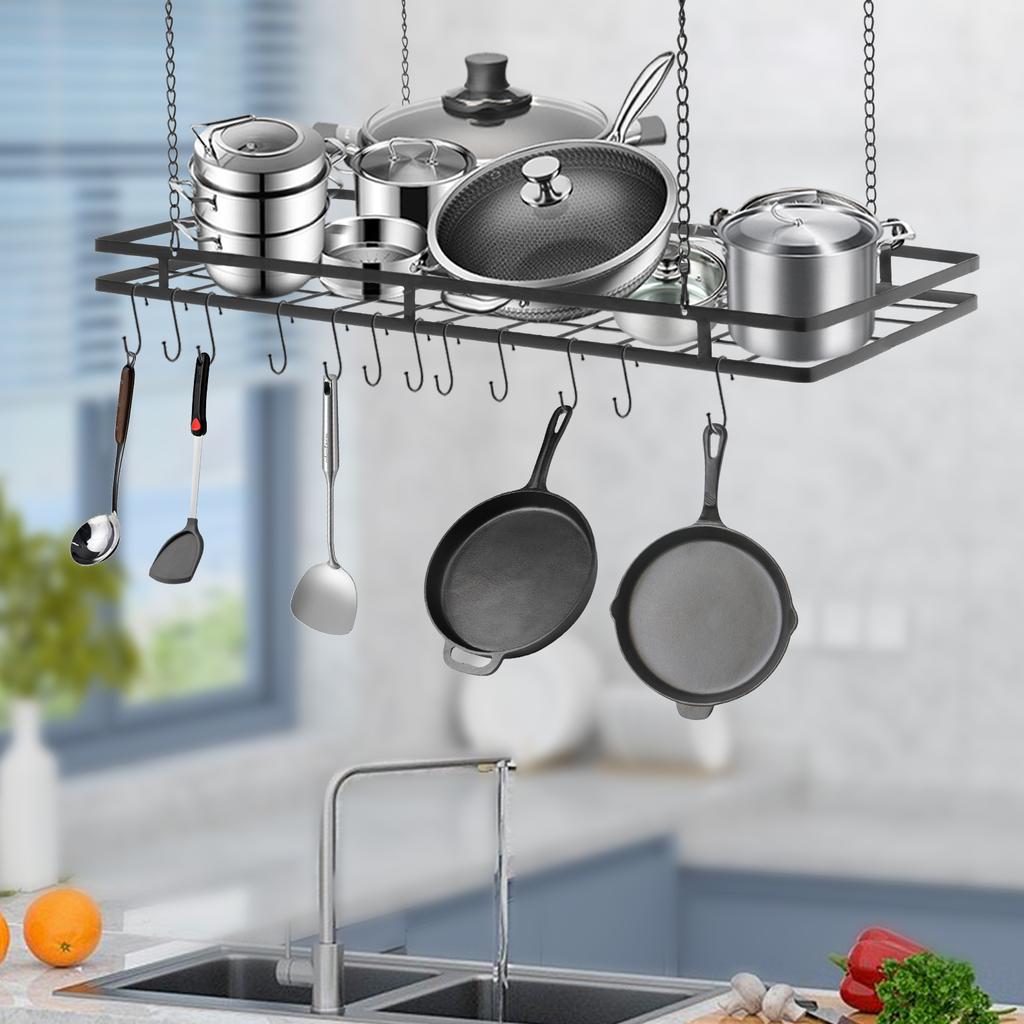 Black 12-Hook Overhead Pot and Pan Rack Organizer, Large 31.5 Inch Hanging Kitchen Utensils Storage for Home & Commercial Use