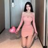 American Sexy Spicy Girl Pink Halter Long-sleeve Dress for Women, New Winter Slimming Fashion Hip-hugging Short Skirt