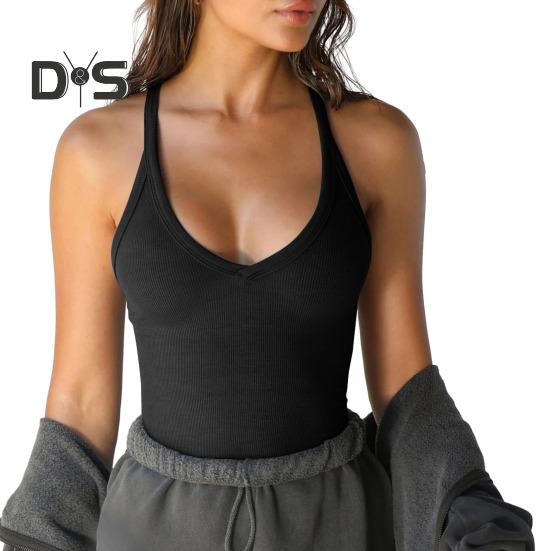 Women Summer Top Low Cut V Neck Sleeveless Elastic Knitted Soft Sweat Absorption Solid Color Slim Fit Sport Exercise Tank Top