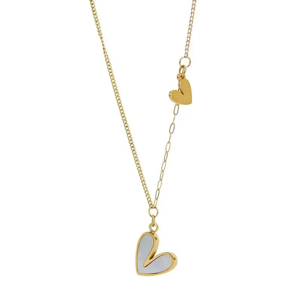 ANENJERY L316 Stainless Steel White Shell Heart Pendant Necklace for Women Dainty Simple Tender Clavicle Chain Jewelry Gift