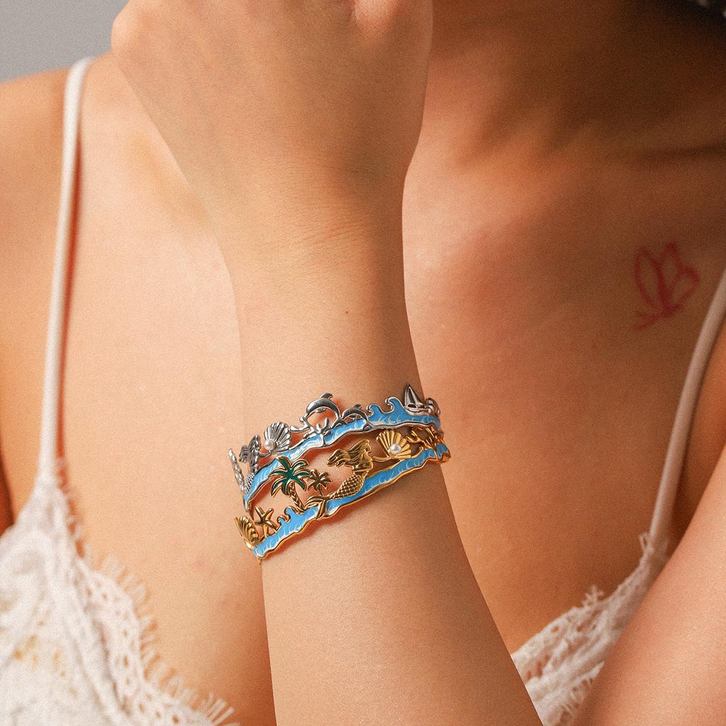 Summer Beach Vacation Enamel Drop Bracelet Titanium Steel Ocean Creature Palm Tree High-End Jewelry