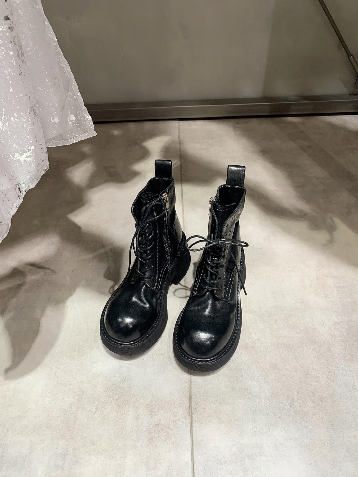 

Washed cowhide grape mother with the same lace-up thick heel Martin boots for women s autumn and winter new locomotive boots thick-soled heightening s 34