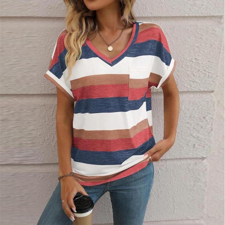 Women Cross Border Fashion T Shirt European American Striped V Neck Bat Sleeve New Spring Summer Collection