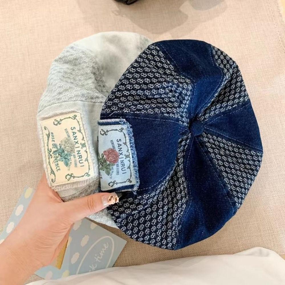 Korean Patch Splicing Beret Vintage Painter Cap Casual Denim Berets  Summer and Autumn