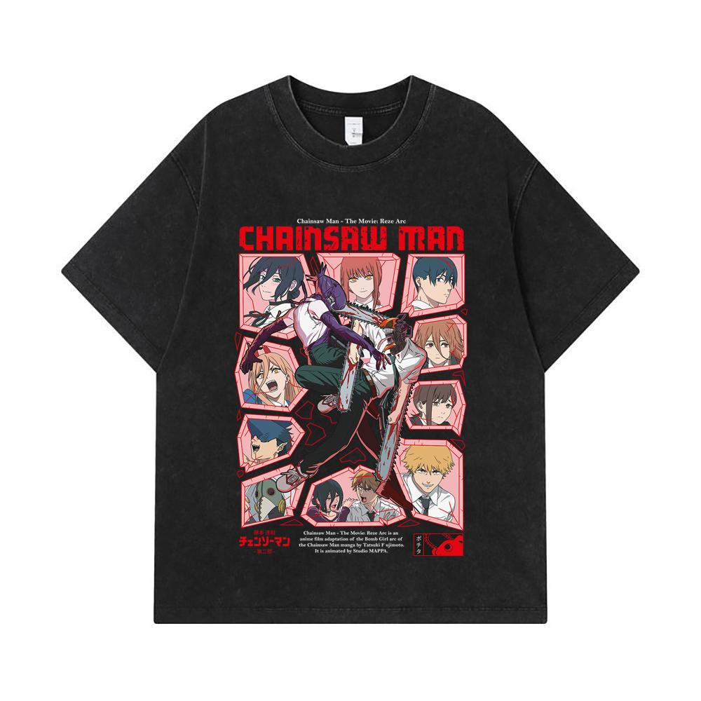 275 GSM Washed T-shirts 100% Cotton Chainsaw Man V18 Reze Arc Print Unisex Heavy Cotton T Shirt