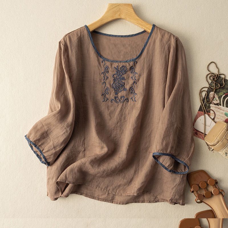 Sommer Baumwolle und Leinen Dreiviertelarm T-Shirt Damen Ethnischer Stil Lässig Allround-Passform Stickerei Literarisch Retro Bluse Damen Hanfu