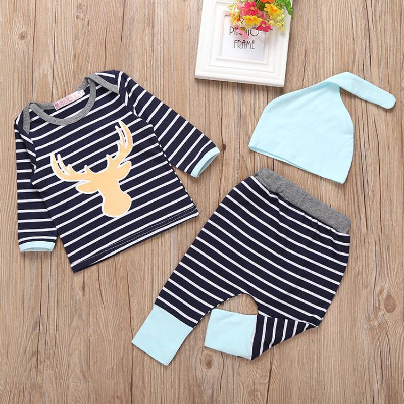 3pcs Newborn Baby Boy Girl Cotton Striped Outfit Set With Long Sleeve Top Pants And Hat For Spring And Autumn Comfort