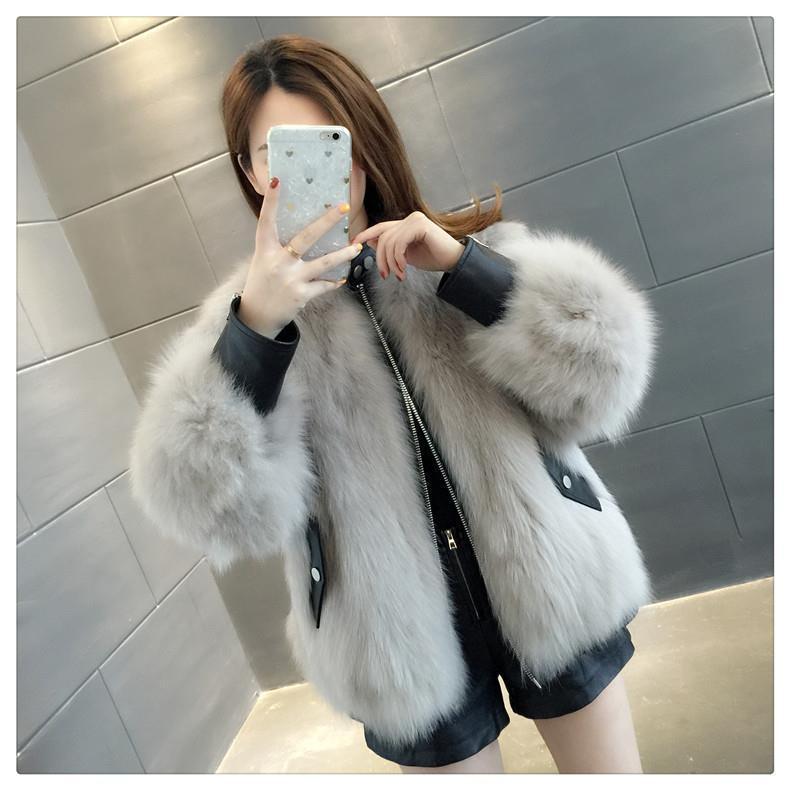 Fur jacket women's imitation fox fur PU leather splicing 2024 winter new short version thickened plush coat