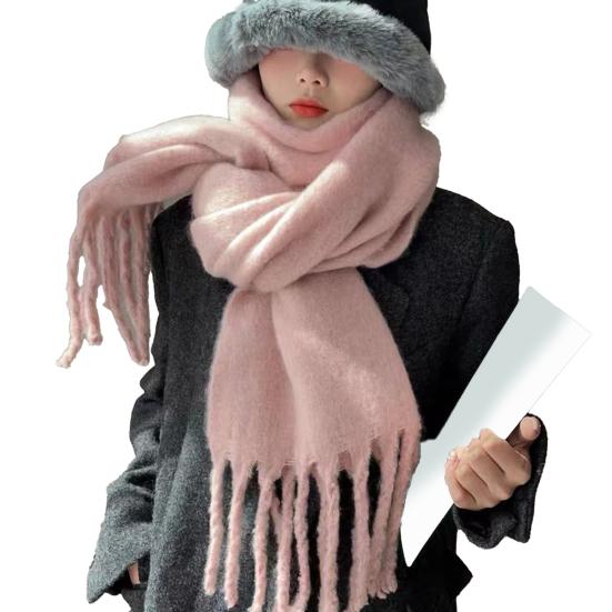 Women Winter Scarf Solid Color Lightweight Soft Warm Scarf with Tassel Trim Cold Weather Imitation Cashmere Scarf