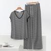 Modal Black & White Striped V-Neck Sleeveless Casual Two-Piece Women's Set with Long Pants