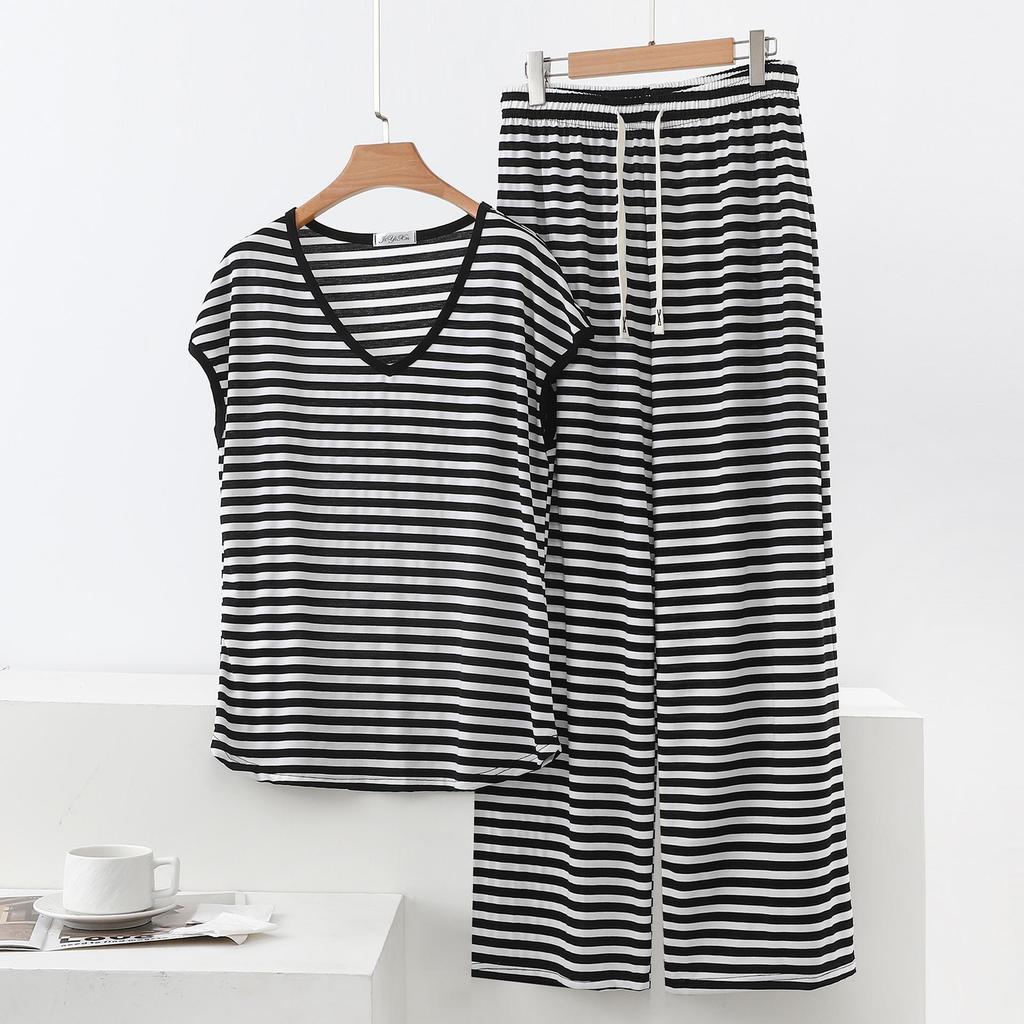 Modal Black & White Striped V-Neck Sleeveless Casual Two-Piece Women's Set with Long Pants