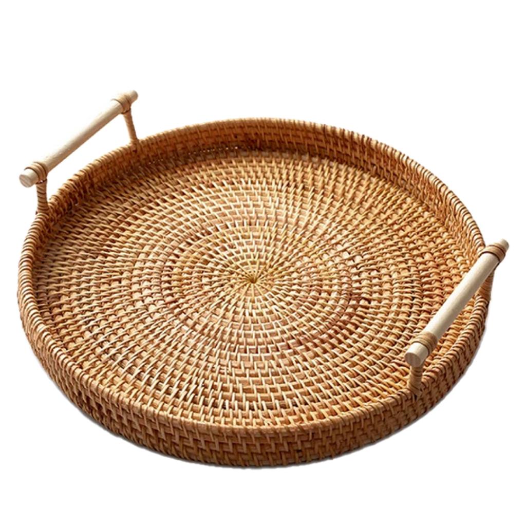 Handmade Wicker Serving Tray Rattan Fruit Platter Heat Insulation Pad Rustic Farmhouse Decor Round With Handles 28*3CM Basket