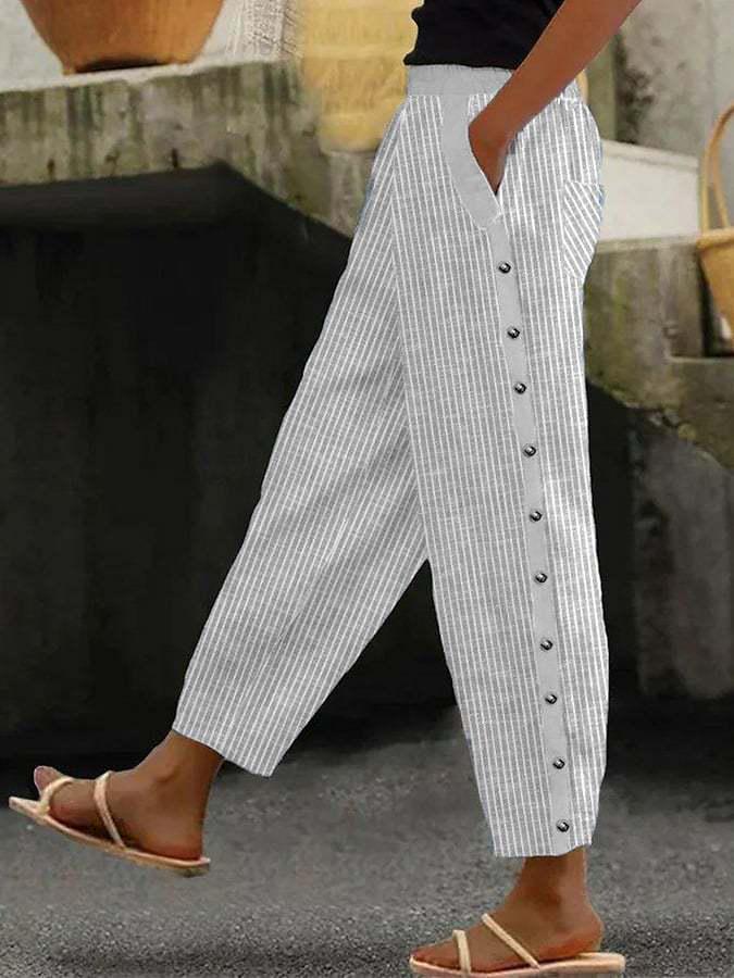 

2026 Women s European and American Fashion Printed Stripe Elastic Waist Cropped Pocket Pants S серый