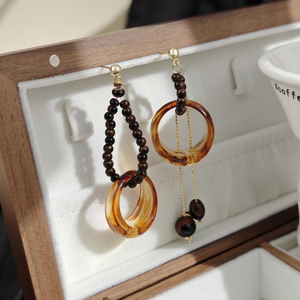 Vintage Maillard Beaded Fringed Earrings Autumn And Winter Asymmetrical High-End Sense Niche Unique Earrings Women'S Models