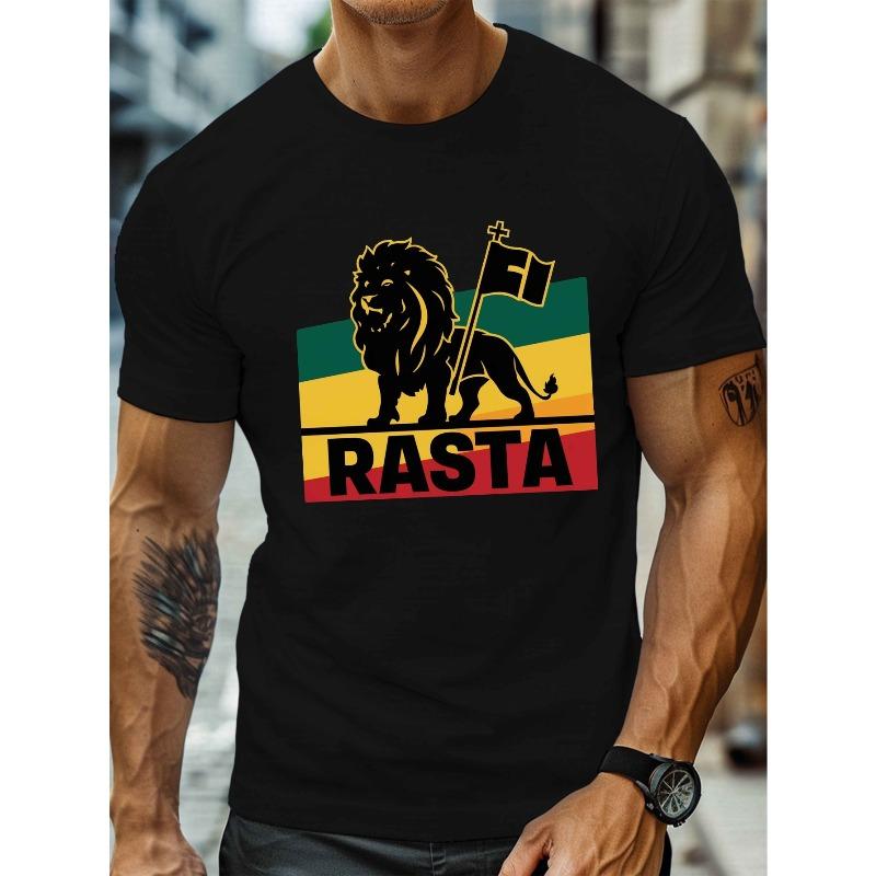 

European size RASTA Lion Illustration Men s Casual Grew Neck Short Sleeve T-Shirt for Summer, S чорний