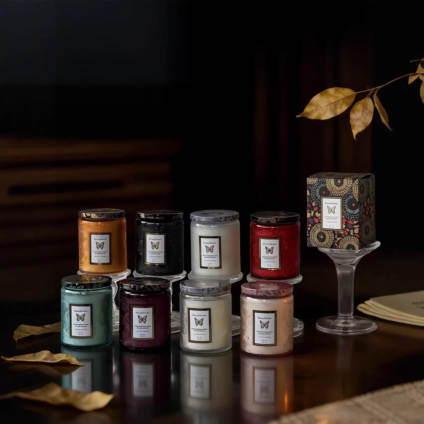 Elegant Embossed Glass Candle Set - Smokeless Soy Wax Aromatherapy for Home Ebony Agarwood