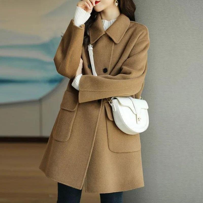 Elegant Tweed Coats Women Mid-length Woolen Coats Office Lady Autumn Winter Korean Style Solid Loose Warm Thick Jackets