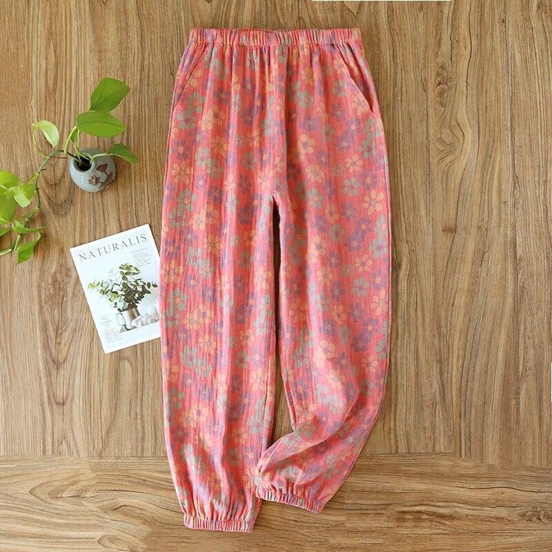 2026 Spring/Summer New Women's Sleeping Pants 100% Cotton Jacquard Cute and Fresh Flower Pants Loose Closing Home Pants Ladies