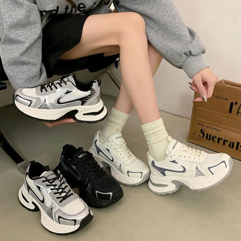 Fashion Casual Sneakers Women Shoes 2024 New Synthetic Leather Mixed Colors Thick Sole Lace-up Mesh Breathable Ladies Sports Shoes
