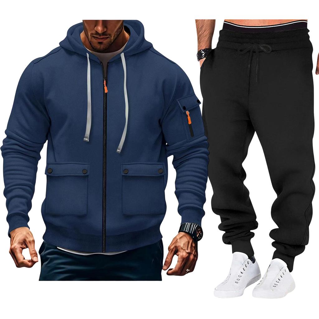 Men'S Hoodie Multi Pocket Hooded Long Sleeved Casual Sports Two-Piece Set