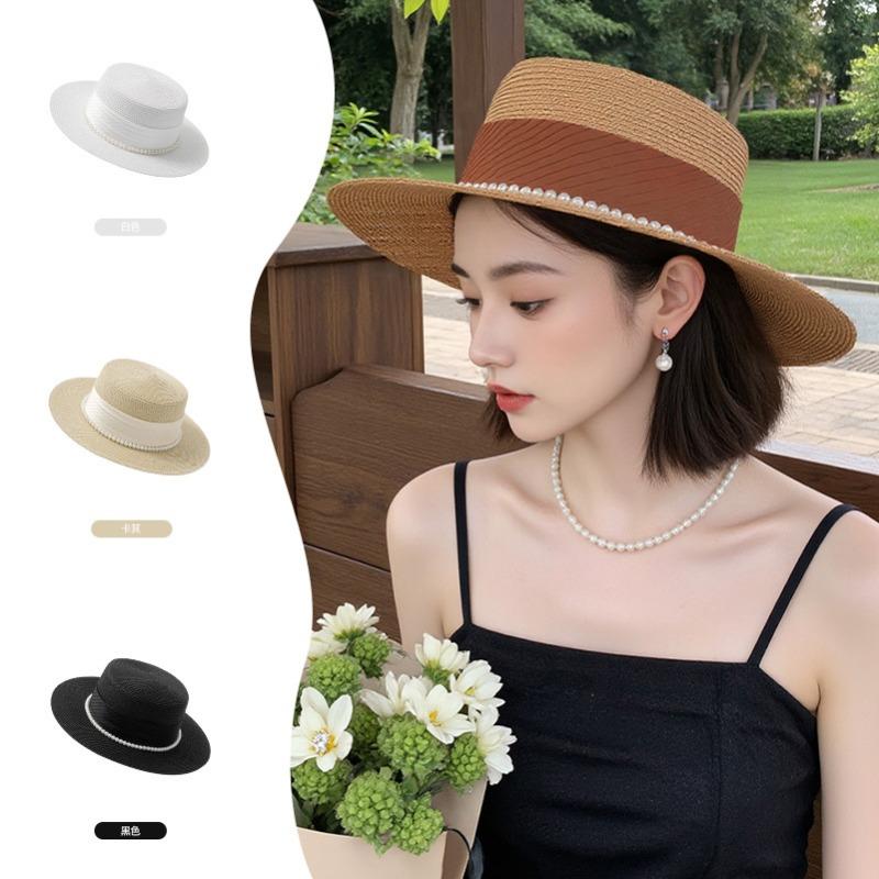 Spring and Summer Elegant Pearl Straw Seaside Sunscreen Sunshade Female Retro Celebrity Elegant Flat Top Top Top Top Hat