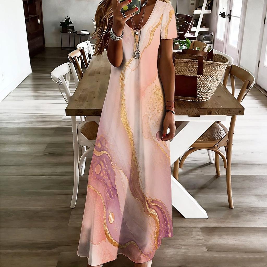 Women Plus Size V Neck Short Sleeve Abstract Printed Straight Maxi Dress