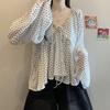 2026 Plus Size Designer Polka Dot Sequin V-Neck Chiffon Shirt for Women - Belly Concealing, Versatile Thin See-Through Top