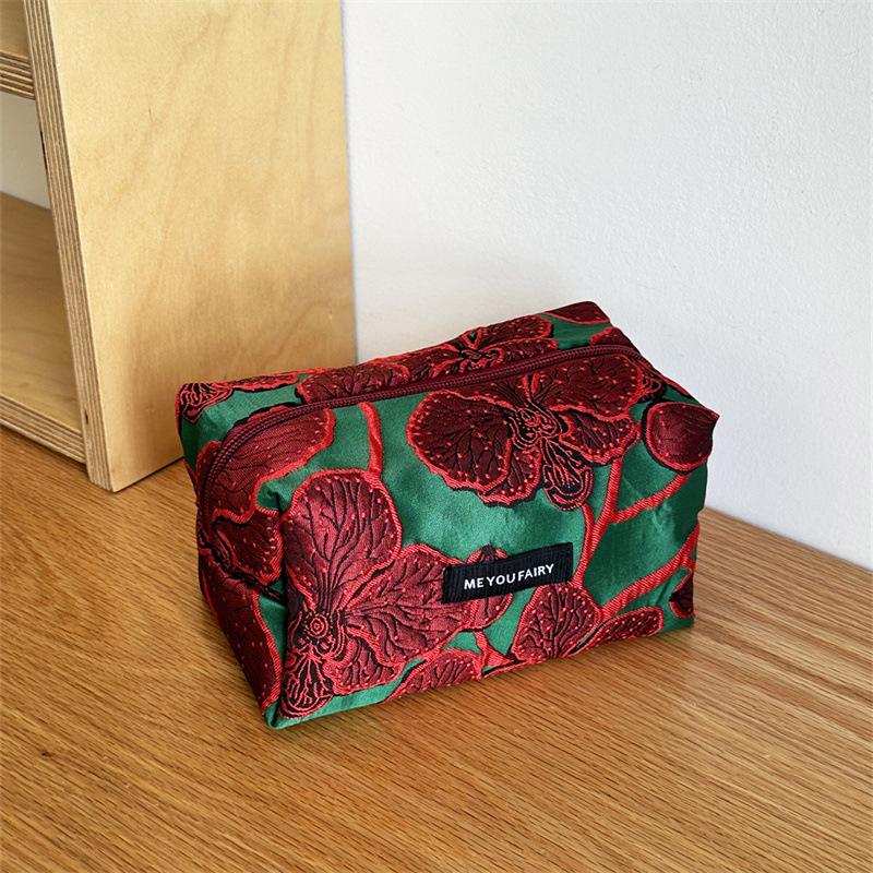 Vintage Canvas Makeup Bag Red Mushroom/Pomegranate Flowers Printing Large Size Coin Key Purse Washing Portable Handbag Gift