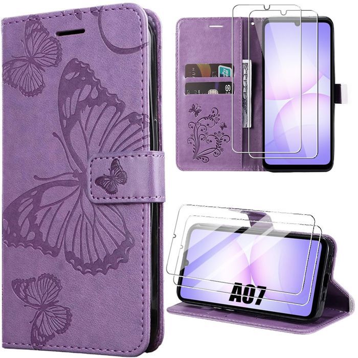Coque de Protection - BOOLING - pour Samsung Galaxy A07 - Synthécuir Violet Motif Papillon - 2 Vitres