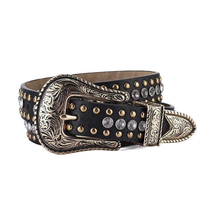 Women s Belt Vintage Carved Buckle Thin Belt Fashion Rhinestone Rivet Personalized Street Men s Belt Punk HipHop Rock Y2K Style 110cm чёрный