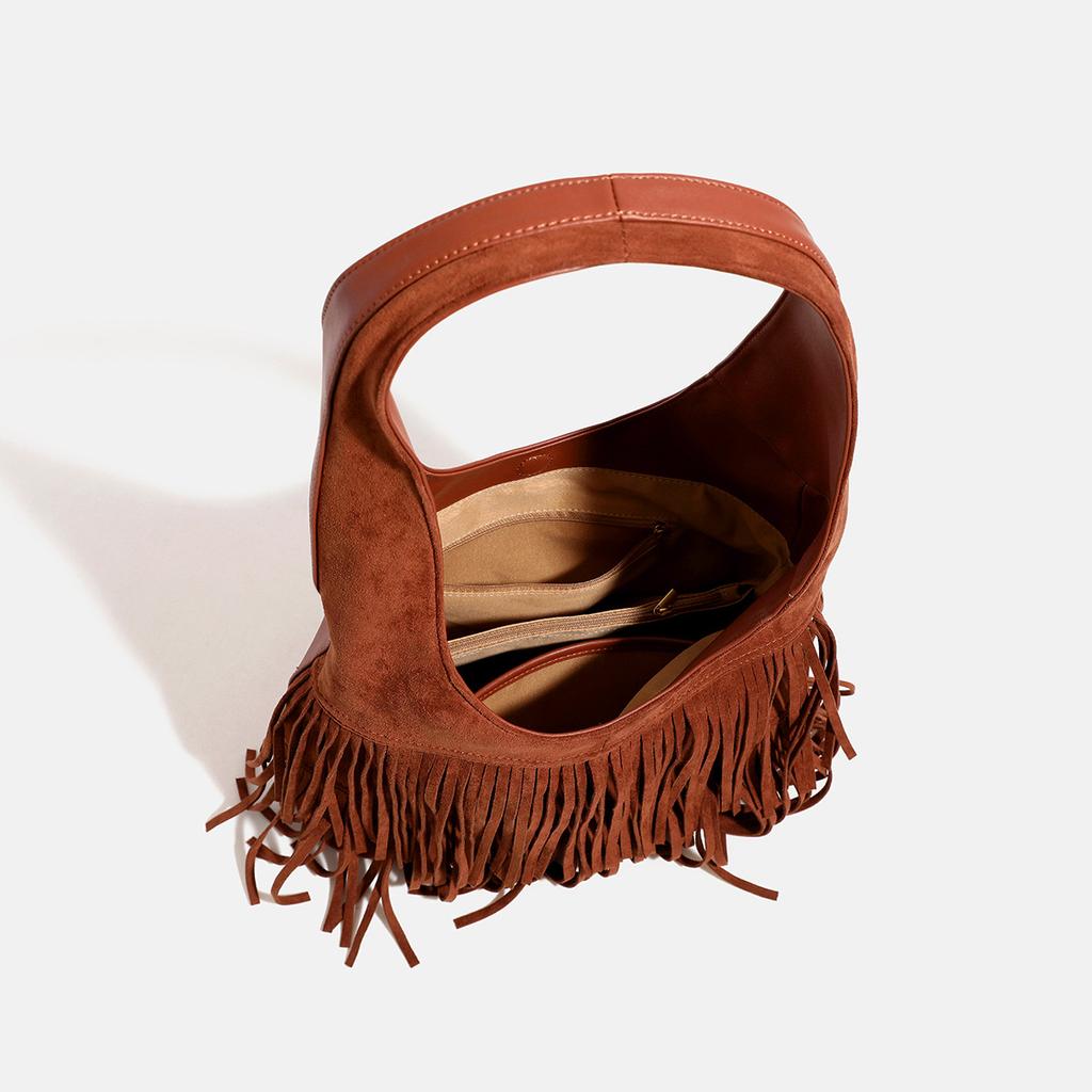 New Autumn/Winter Medela Handmade Tassel Large Capacity Tote Bag, Suede Single-Shoulder Casual Dune Style Underarm Bag