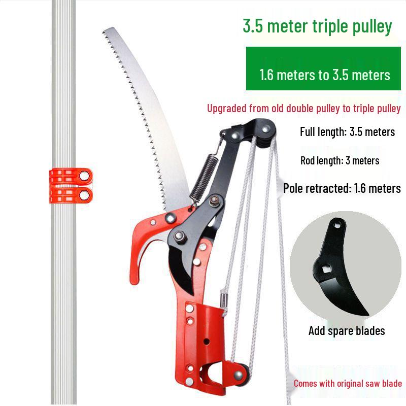 Aluminum Alloy Telescopic Pole and Pruner with High Branch Saw for Tree Pruning.