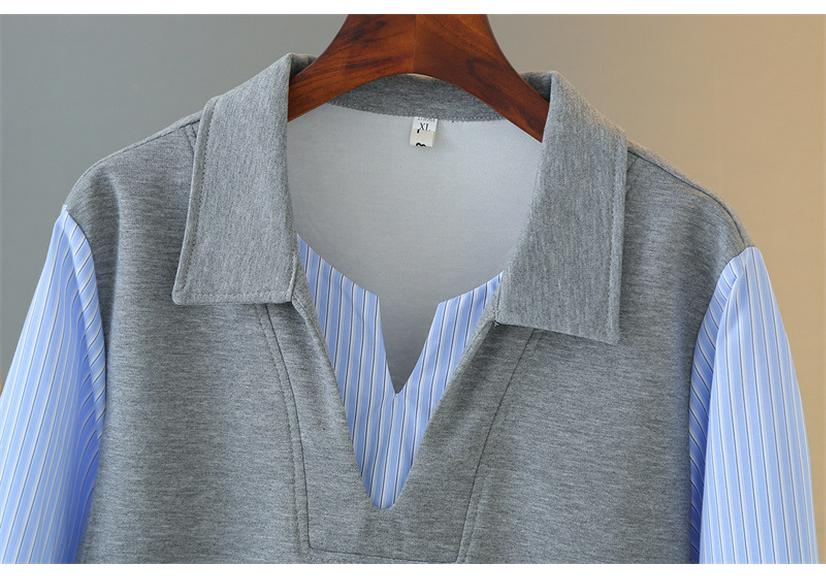 2026 Spring Plus Size Striped V-Neck Hoodie: Women's Long Sleeve Casual Two-Piece Cotton Shirt