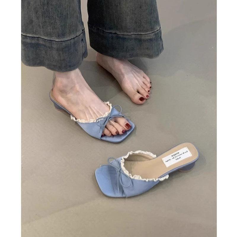 French bow square heel cool slippers women's outer wear 2025 summer new versatile temperament elegant thick heel one-word drag